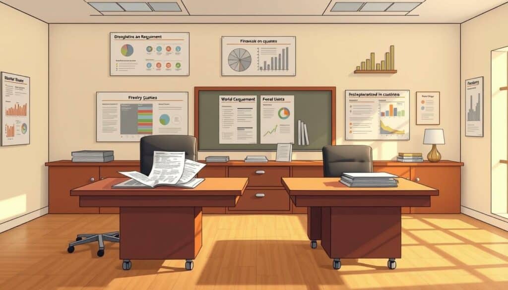 A clean, well-lit office setting with two contrasting desks, representing the differences in disclosure requirements based on company size. The larger desk, adorned with detailed financial documents, symbolizes the extensive disclosure obligations of larger enterprises. In contrast, the smaller desk features a simpler stack of paperwork, indicating the more relaxed reporting requirements for smaller businesses. The room is bathed in warm, natural lighting, creating a professional atmosphere. The walls are adorned with informative charts and graphs, providing visual cues about the nuances of disclosure regulations. Overall, the scene conveys the nuanced relationship between company size and the degree of financial transparency required. A clean, well-lit office setting with two contrasting desks, representing the differences in disclosure requirements based on company size. The larger desk, adorned with detailed financial documents, symbolizes the extensive disclosure obligations of larger enterprises. In contrast, the smaller desk features a simpler stack of paperwork, indicating the more relaxed reporting requirements for smaller businesses. The room is bathed in warm, natural lighting, creating a professional atmosphere. The walls are adorned with informative charts and graphs, providing visual cues about the nuances of disclosure regulations. Overall, the scene conveys the nuanced relationship between company size and the degree of financial transparency required.