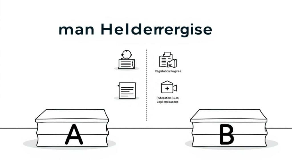 A comparative illustration of the German Handelsregister A and B, showcasing their key differences. Depicted in a clean, minimalist style with a focus on visual contrast and balance. The foreground features two stacks of files or documents, one marked "A" and the other "B", symbolizing the distinct registries. The middle ground includes simple icons or graphics highlighting the core distinctions, such as registration requirements, publication rules, and legal implications. The background maintains a neutral, white-toned setting to emphasize the informational nature of the image. Bright, even lighting with a soft, professional tone. The overall composition conveys a sense of clarity, organization, and attention to detail, suitable for an informative article on the topic.