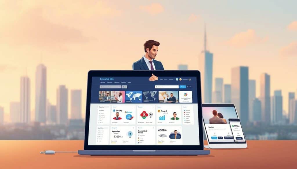 A digital marketplace for enterprise sales, featuring a sleek user interface with intuitive navigation. In the foreground, a laptop displays a web platform showcasing various product listings and business profiles. The middle ground depicts corporate executives engaging in virtual negotiations, collaborating seamlessly across devices. In the background, a cityscape skyline symbolizes the global reach and connectivity of this digital platform. Warm, diffused lighting creates a professional and inviting atmosphere, while the composition emphasizes the efficiency and accessibility of this B2B sales solution. A digital marketplace for enterprise sales, featuring a sleek user interface with intuitive navigation. In the foreground, a laptop displays a web platform showcasing various product listings and business profiles. The middle ground depicts corporate executives engaging in virtual negotiations, collaborating seamlessly across devices. In the background, a cityscape skyline symbolizes the global reach and connectivity of this digital platform. Warm, diffused lighting creates a professional and inviting atmosphere, while the composition emphasizes the efficiency and accessibility of this B2B sales solution.