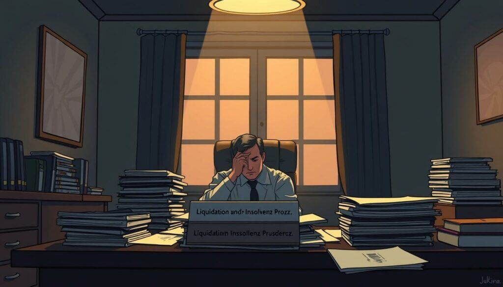 A dimly lit office space, with a desk covered in stacks of documents and a nameplate that reads "Liquidation und Insolvenz Prozess." The air is heavy with tension, accentuated by the warm, muted tones of the lighting, casting shadows across the desk and the face of the person sitting in the chair, deep in thought. The window behind the desk is partially obscured, giving a sense of the outside world fading into the background, while the foreground is sharply in focus, highlighting the importance of the process at hand. The scene conveys a sense of solemnity and gravity, reflecting the significant decisions and implications associated with the process of liquidation and insolvency. A dimly lit office space, with a desk covered in stacks of documents and a nameplate that reads "Liquidation und Insolvenz Prozess." The air is heavy with tension, accentuated by the warm, muted tones of the lighting, casting shadows across the desk and the face of the person sitting in the chair, deep in thought. The window behind the desk is partially obscured, giving a sense of the outside world fading into the background, while the foreground is sharply in focus, highlighting the importance of the process at hand. The scene conveys a sense of solemnity and gravity, reflecting the significant decisions and implications associated with the process of liquidation and insolvency.