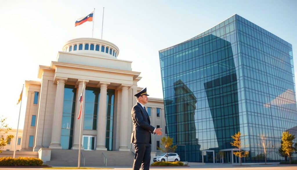 A high-contrast, large-scale comparison of a modern government office building and a sleek, glass-walled corporate headquarters, bathed in warm afternoon light. In the foreground, a clean-cut businessman and a civil servant in uniform shake hands, representing the interaction between private and public sector employers. The government building features a grand, columned facade with flags fluttering, conveying a sense of authority and tradition. In contrast, the private company's minimalist design and angular silhouette project an image of innovation and efficiency. The scene evokes a balanced, cooperative relationship between the two employment sectors. A high-contrast, large-scale comparison of a modern government office building and a sleek, glass-walled corporate headquarters, bathed in warm afternoon light. In the foreground, a clean-cut businessman and a civil servant in uniform shake hands, representing the interaction between private and public sector employers. The government building features a grand, columned facade with flags fluttering, conveying a sense of authority and tradition. In contrast, the private company's minimalist design and angular silhouette project an image of innovation and efficiency. The scene evokes a balanced, cooperative relationship between the two employment sectors.