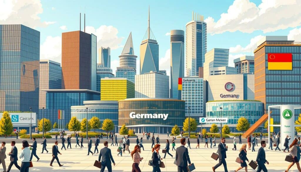 A majestic skyline of modern corporate headquarters, their gleaming facades and sleek architectural designs reflecting the power and prestige of Germany's top employers. In the foreground, a bustling scene of busy professionals hurrying to and fro, dressed in sharp business attire, conveying a sense of dynamic productivity. The midground features prominent brand logos and signage, highlighting the recognizable corporate identities that have earned these companies their coveted positions. Bathed in warm, golden natural lighting, the scene exudes an atmosphere of success, innovation, and a strong national pride in these leading German enterprises. A majestic skyline of modern corporate headquarters, their gleaming facades and sleek architectural designs reflecting the power and prestige of Germany's top employers. In the foreground, a bustling scene of busy professionals hurrying to and fro, dressed in sharp business attire, conveying a sense of dynamic productivity. The midground features prominent brand logos and signage, highlighting the recognizable corporate identities that have earned these companies their coveted positions. Bathed in warm, golden natural lighting, the scene exudes an atmosphere of success, innovation, and a strong national pride in these leading German enterprises.