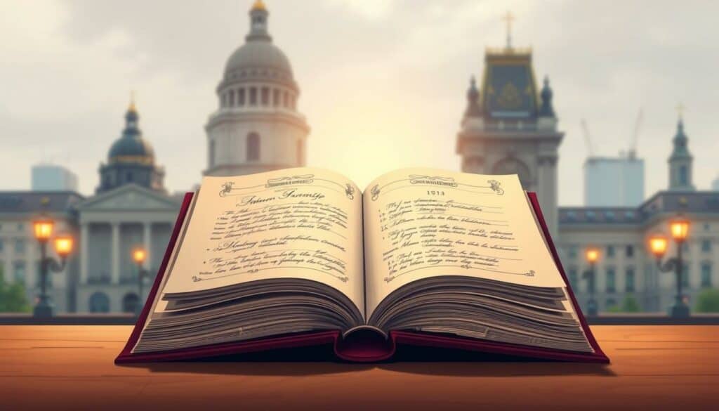 A meticulously rendered, highly detailed illustration depicting the mandatory registration requirement for the German Commercial Register (Handelsregister). Centered in the foreground, a large open book representing the register, with elegant calligraphic entries and ornate flourishes. In the background, a partially obscured cityscape with stately commercial buildings, conveying the importance and gravity of business registration. Soft, warm lighting casts a subtle glow, creating an atmosphere of professionalism and authority. The overall composition exudes a sense of official documentation, underscoring the legal requirement to be listed in the Handelsregister.