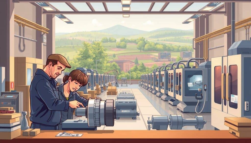 A modern, well-equipped metalworking facility nestled in a serene industrial park. In the foreground, a team of skilled technicians carefully assemble a precision metal component, their focused expressions illuminated by the soft, diffused lighting overhead. In the middle ground, rows of gleaming, state-of-the-art CNC machines and specialized tools stand ready to transform raw materials into high-quality metal products. The background features a panoramic view of the surrounding landscape, with verdant trees and rolling hills, hinting at the tranquil, yet productive environment that fosters this thriving metalworking operation. The overall atmosphere conveys a sense of efficiency, innovation, and the harmonious integration of industry within the local landscape.