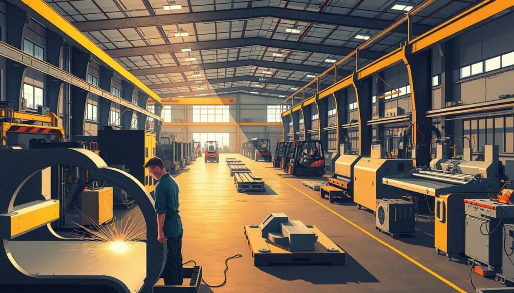 A modern, well-lit industrial workshop with rows of gleaming metal fabrication equipment. In the foreground, a skilled technician operates a metal bending machine, creating intricate shapes from sheets of steel. The middle ground features a variety of welding stations, plasma cutters, and other specialized tools used for metalworking. In the background, a fleet of forklifts and overhead cranes move raw materials and finished products across the spacious facility. Warm, directional lighting casts dramatic shadows, highlighting the precision and expertise of the Metallbau Dienstleistungen team at work.