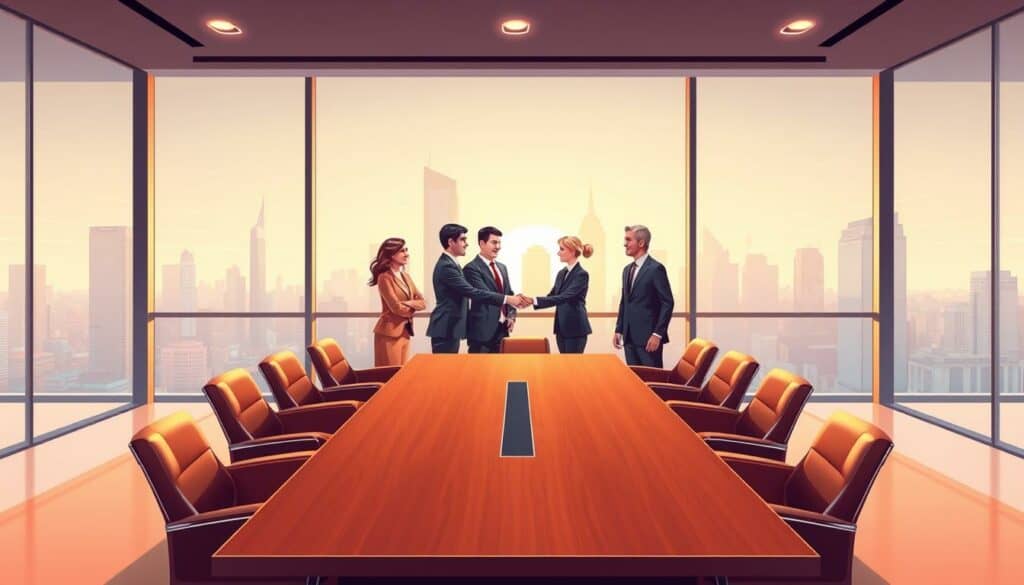A pristine modern office interior with large windows overlooking a vibrant cityscape. The foreground features a sleek, mahogany conference table surrounded by plush leather chairs. The middle ground showcases a team of confident, well-dressed professionals engaged in a handshake, symbolizing a successful business transaction. The background is bathed in warm, diffused lighting, creating a professional yet inviting atmosphere. The image conveys a sense of prosperity, collaboration, and the culmination of a lucrative business deal. A pristine modern office interior with large windows overlooking a vibrant cityscape. The foreground features a sleek, mahogany conference table surrounded by plush leather chairs. The middle ground showcases a team of confident, well-dressed professionals engaged in a handshake, symbolizing a successful business transaction. The background is bathed in warm, diffused lighting, creating a professional yet inviting atmosphere. The image conveys a sense of prosperity, collaboration, and the culmination of a lucrative business deal.
