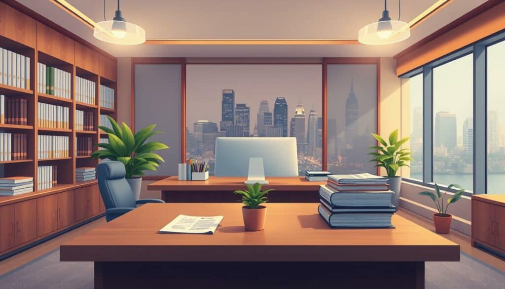 A professional, clean, and well-organized office interior with a large wooden desk, a computer monitor, a neat stack of documents, and a potted plant in the foreground. Soft, warm lighting illuminates the scene, creating a productive and welcoming atmosphere. The middle ground features bookshelves lining the walls, hinting at the legal and administrative nature of the space. In the background, a large window offers a glimpse of a bustling city skyline, suggesting the connection between the business activities and the broader commercial landscape. The overall composition conveys a sense of efficiency, organization, and the deliberate handling of important commercial matters. A professional, clean, and well-organized office interior with a large wooden desk, a computer monitor, a neat stack of documents, and a potted plant in the foreground. Soft, warm lighting illuminates the scene, creating a productive and welcoming atmosphere. The middle ground features bookshelves lining the walls, hinting at the legal and administrative nature of the space. In the background, a large window offers a glimpse of a bustling city skyline, suggesting the connection between the business activities and the broader commercial landscape. The overall composition conveys a sense of efficiency, organization, and the deliberate handling of important commercial matters.
