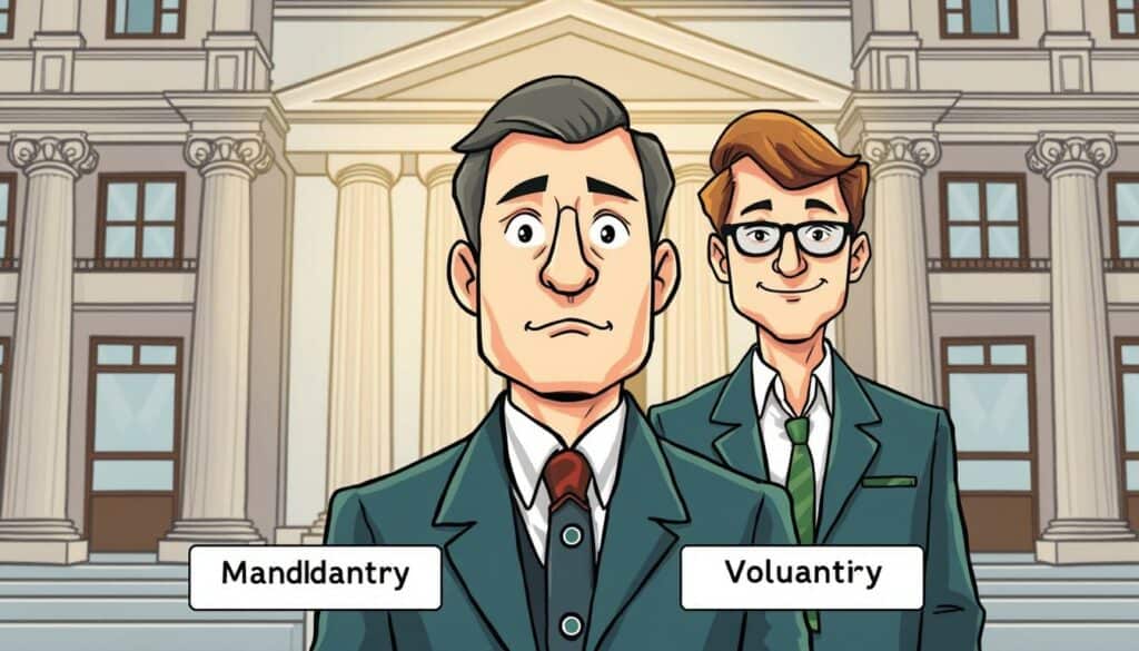 A well-lit, detailed illustration of the mandatory and voluntary aspects of the Handelsregister (commercial register) in Germany. In the foreground, a central figure represents the mandatory registration, depicted with a sense of authority and officiality. In the middle ground, a secondary figure symbolizes the voluntary registration, captured with a more relaxed, optional demeanor. The background features architectural elements suggestive of a government or administrative setting, conveying the regulatory context. The overall composition and color palette evoke a sense of professionalism, clarity, and the importance of the Handelsregister system. A well-lit, detailed illustration of the mandatory and voluntary aspects of the Handelsregister (commercial register) in Germany. In the foreground, a central figure represents the mandatory registration, depicted with a sense of authority and officiality. In the middle ground, a secondary figure symbolizes the voluntary registration, captured with a more relaxed, optional demeanor. The background features architectural elements suggestive of a government or administrative setting, conveying the regulatory context. The overall composition and color palette evoke a sense of professionalism, clarity, and the importance of the Handelsregister system.