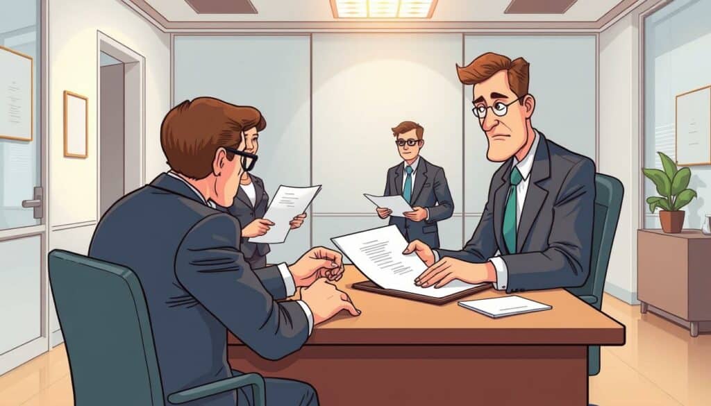 Notar und Eintragungsprozess: A meticulously detailed illustration depicting the notarization and registration process for obtaining a commercial register number. In the foreground, a notary public sits at a desk, carefully reviewing documents and affixing their official seal. In the middle ground, a business owner presents paperwork to the notary, their expression one of focused determination. The background showcases the interior of a government office, with clean, minimalist decor and a serene, professional atmosphere. Soft, diffused lighting casts a warm glow, highlighting the gravity and importance of the proceedings. The composition emphasizes the step-by-step nature of the registration process, conveying a sense of order, precision, and the necessary bureaucratic formalities required to establish a legitimate commercial entity. Notar und Eintragungsprozess: A meticulously detailed illustration depicting the notarization and registration process for obtaining a commercial register number. In the foreground, a notary public sits at a desk, carefully reviewing documents and affixing their official seal. In the middle ground, a business owner presents paperwork to the notary, their expression one of focused determination. The background showcases the interior of a government office, with clean, minimalist decor and a serene, professional atmosphere. Soft, diffused lighting casts a warm glow, highlighting the gravity and importance of the proceedings. The composition emphasizes the step-by-step nature of the registration process, conveying a sense of order, precision, and the necessary bureaucratic formalities required to establish a legitimate commercial entity.