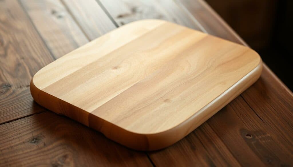 A beautifully crafted wooden cutting board rests on a rustic wooden surface, its smooth, sanded surface gleaming under the warm, softly diffused lighting. The edges have been meticulously rounded and sanded, creating a comfortable, ergonomic grip. A subtle, natural sheen from a light coating of food-safe oil or wax enhances the wood's inherent grain and color, showcasing its unique character. The overall composition conveys a sense of elegant simplicity, inviting the viewer to imagine the cutting board in use, preparing healthy, homemade meals in a cozy, welcoming kitchen. A beautifully crafted wooden cutting board rests on a rustic wooden surface, its smooth, sanded surface gleaming under the warm, softly diffused lighting. The edges have been meticulously rounded and sanded, creating a comfortable, ergonomic grip. A subtle, natural sheen from a light coating of food-safe oil or wax enhances the wood's inherent grain and color, showcasing its unique character. The overall composition conveys a sense of elegant simplicity, inviting the viewer to imagine the cutting board in use, preparing healthy, homemade meals in a cozy, welcoming kitchen.