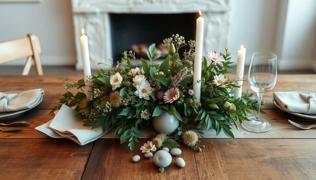 A beautifully curated natural tablescape for a special occasion. The centerpiece features an elegant arrangement of lush greenery, delicate wildflowers, and smooth river stones, artfully cascading down the middle of the rustic wooden table. Tall candles in simple glass holders cast a warm, flickering glow, complementing the earthy textures and muted color palette. Linen napkins and wooden utensils add a touch of refined simplicity. The overall scene radiates a sense of tranquility and effortless sophistication, perfect for elevating an intimate dinner party or holiday gathering. A beautifully curated natural tablescape for a special occasion. The centerpiece features an elegant arrangement of lush greenery, delicate wildflowers, and smooth river stones, artfully cascading down the middle of the rustic wooden table. Tall candles in simple glass holders cast a warm, flickering glow, complementing the earthy textures and muted color palette. Linen napkins and wooden utensils add a touch of refined simplicity. The overall scene radiates a sense of tranquility and effortless sophistication, perfect for elevating an intimate dinner party or holiday gathering.