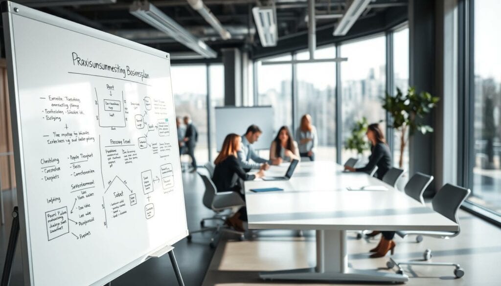 A bright and modern office interior, with a large whiteboard taking up the foreground. On the whiteboard, hand-drawn diagrams, flowcharts, and notes illustrate the process of "Praxisumsetzung Businessplan" - the practical implementation of a business plan. In the middle ground, a team of professionals in casual attire collaborate around a sleek conference table, discussing and refining their plans. The background features floor-to-ceiling windows, allowing natural light to flood the space and create a sense of openness and productivity. The overall mood is one of focused determination, with a touch of creativity and teamwork. A bright and modern office interior, with a large whiteboard taking up the foreground. On the whiteboard, hand-drawn diagrams, flowcharts, and notes illustrate the process of "Praxisumsetzung Businessplan" - the practical implementation of a business plan. In the middle ground, a team of professionals in casual attire collaborate around a sleek conference table, discussing and refining their plans. The background features floor-to-ceiling windows, allowing natural light to flood the space and create a sense of openness and productivity. The overall mood is one of focused determination, with a touch of creativity and teamwork.