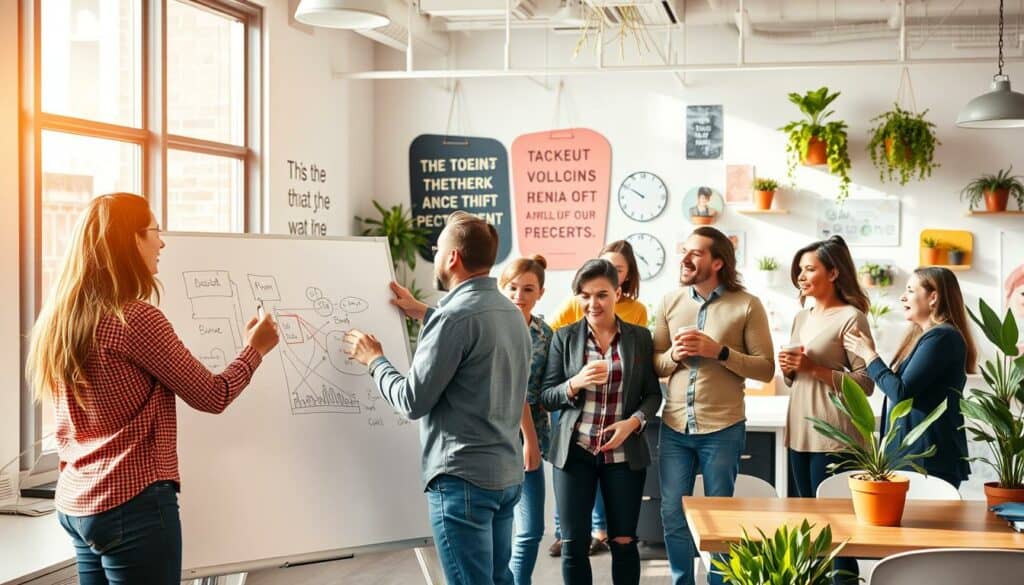 A bright, modern office space filled with diverse, dynamic people enthusiastically collaborating on a whiteboard. In the foreground, a group of professionals brainstorming, gesturing excitedly as they sketch ideas. Warm, natural lighting filters in through large windows, casting a sense of openness and possibility. In the middle ground, colleagues animatedly discussing plans over coffee, their faces alight with camaraderie. The background showcases a vibrant, creative workplace culture - motivational quotes on the walls, quirky decor, and potted plants adding pops of greenery. The overall atmosphere radiates a palpable energy and spirit of teamwork, reflecting the components of a "perfect team" working in harmony to achieve their goals.