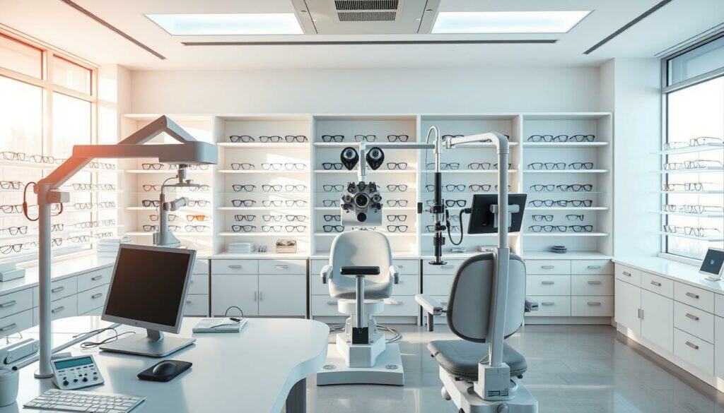 A bright, modern ophthalmology clinic with state-of-the-art equipment and serene, minimalist decor. The foreground features a sleek, ergonomic optometry workstation with various diagnostic tools and instruments. The middle ground showcases an eye examination chair surrounded by adjustable lighting setups and a slit lamp for detailed inspection. In the background, shelves display a range of stylish eyeglasses and contact lenses, creating a sense of comprehensive eye care services. Natural lighting floods the space through large windows, lending a warm, reassuring atmosphere. The overall scene conveys professionalism, innovation, and a patient-centric approach to vision health.
