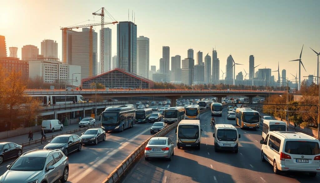 A bustling city landscape, with vehicles of all kinds - cars, buses, trains, and bicycles - navigating the streets, representing the various modes of transportation in the modern urban environment. In the foreground, electric vehicles and pedestrians share the road, showcasing the transition towards more sustainable mobility. The middle ground features an overpass, with construction crews working to upgrade the infrastructure, symbolizing the ongoing challenges of the "Verkehrswende" (transportation transformation). In the background, towering skyscrapers and renewable energy sources, such as wind turbines, create a vision of a greener, more efficient future. The scene is illuminated by warm, golden sunlight, conveying a sense of optimism and progress, despite the obstacles that must be overcome. A bustling city landscape, with vehicles of all kinds - cars, buses, trains, and bicycles - navigating the streets, representing the various modes of transportation in the modern urban environment. In the foreground, electric vehicles and pedestrians share the road, showcasing the transition towards more sustainable mobility. The middle ground features an overpass, with construction crews working to upgrade the infrastructure, symbolizing the ongoing challenges of the "Verkehrswende" (transportation transformation). In the background, towering skyscrapers and renewable energy sources, such as wind turbines, create a vision of a greener, more efficient future. The scene is illuminated by warm, golden sunlight, conveying a sense of optimism and progress, despite the obstacles that must be overcome.