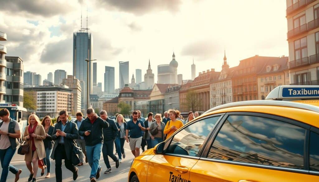 A bustling city street in Germany, with a yellow taxi prominently parked in the foreground, its side panel displaying the words "Taxibuchung". Pedestrians hurry past, some hailing the taxi or peering at their smartphones, reflecting the modern, on-demand nature of taxi bookings. The middle ground features a mix of residential and commercial buildings, their architecture conveying a sense of German design. In the background, a blend of skyscrapers and historic landmarks create a vibrant cityscape, bathed in warm, golden sunlight filtering through partly cloudy skies. The overall scene captures the convenience and accessibility of taxi booking in contemporary Germany.