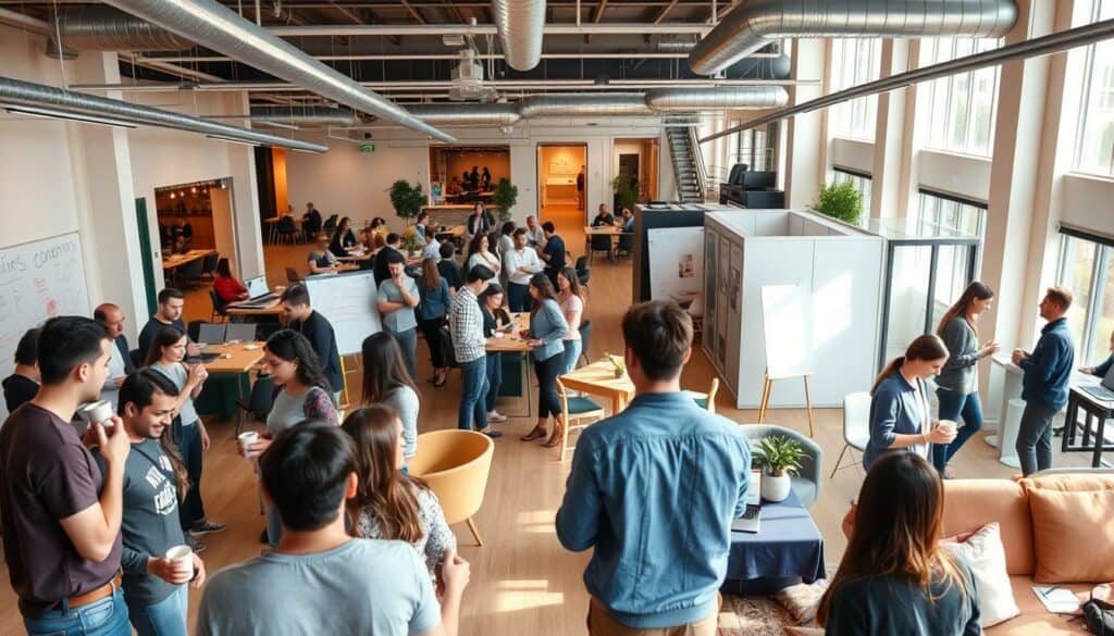 A bustling co-working space, its open floor plan bathed in warm, natural light. In the foreground, a group of young entrepreneurs engaged in lively discussion, exchanging ideas and networking over cups of coffee. The middle ground features a vibrant mix of casual seating areas and standing desks, where people collaborate on laptops and whiteboards. Toward the back, a series of private meeting rooms hint at the professional connections being forged. The overall atmosphere conveys a sense of energy, creativity, and the collective power of a supportive entrepreneurial community. A bustling co-working space, its open floor plan bathed in warm, natural light. In the foreground, a group of young entrepreneurs engaged in lively discussion, exchanging ideas and networking over cups of coffee. The middle ground features a vibrant mix of casual seating areas and standing desks, where people collaborate on laptops and whiteboards. Toward the back, a series of private meeting rooms hint at the professional connections being forged. The overall atmosphere conveys a sense of energy, creativity, and the collective power of a supportive entrepreneurial community.