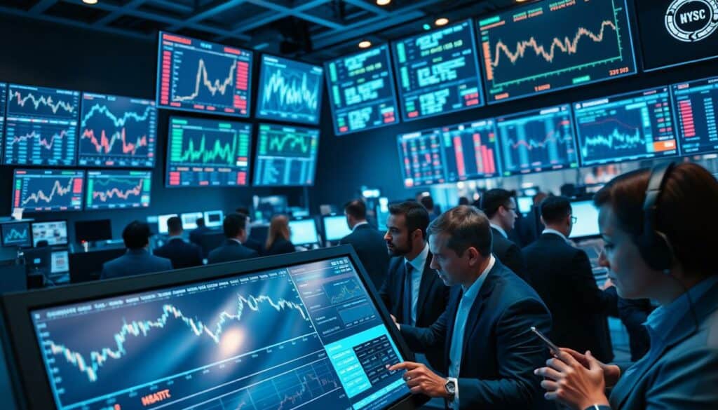 A bustling financial market with a wide array of charts, graphs, and data visualizations displayed on various digital screens and monitors. The scene is bathed in a cool, blue-tinted lighting, creating an atmosphere of analytical focus and diligent market observation. A group of financial analysts in formal attire intently study the data, their expressions intense as they make informed decisions. In the foreground, a large touchscreen display showcases real-time stock prices, trading volumes, and other key market indicators. The background is filled with the subtle hum of computer equipment and the occasional chatter of professionals exchanging insights. The overall composition conveys a sense of informed, data-driven financial decision-making.