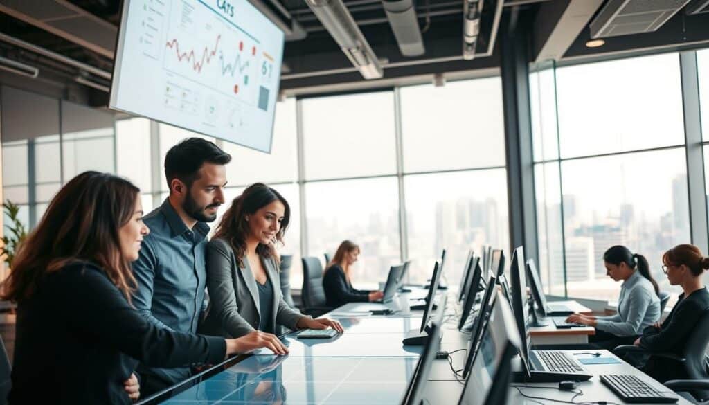 A bustling office setting, filled with the tools of digital transformation. In the foreground, a team of professionals collaborating around a sleek touch-screen display, their expressions focused and engaged. Overhead, a large projection screen showcases a visual roadmap, guiding their strategic decisions. The middle ground features an array of modern workstations, each occupied by a dedicated employee, their fingers dancing across keyboards. In the background, a panoramic window offers a glimpse of a thriving cityscape, symbolizing the broader context of a digitally-driven economy. Warm, diffused lighting casts a sense of productivity and progress, while a muted color palette evokes a professional, enterprise-level atmosphere.