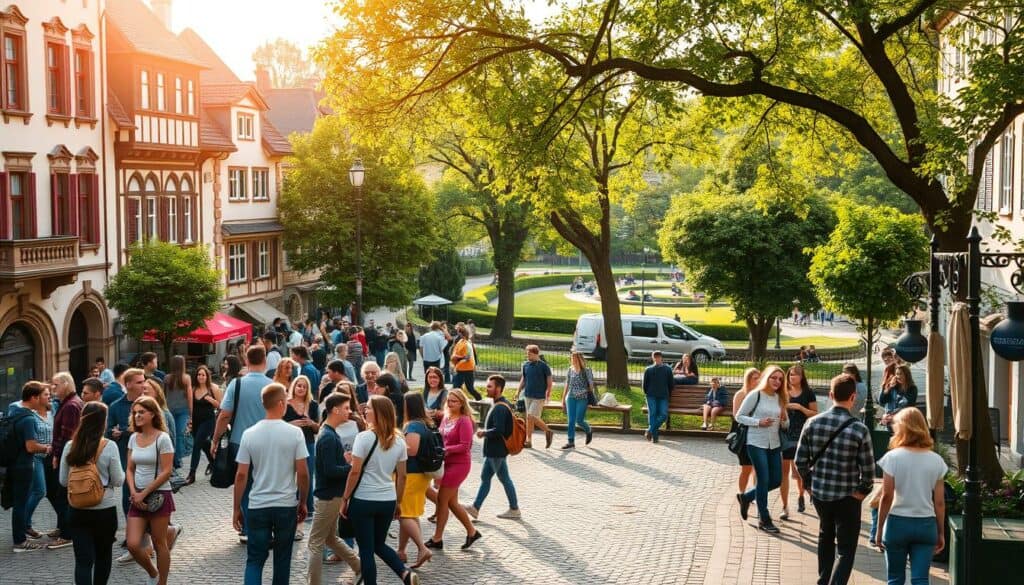 A bustling university town in southern Germany, Ludwigsburg exudes a vibrant student life. In the foreground, groups of young people gather on the cobblestone streets, engaged in lively conversations and laughter. The middle ground features picturesque historic buildings, their facades adorned with intricate architectural details. In the background, a lush urban park provides a serene oasis, with students relaxing on benches or strolling through the verdant pathways. Warm, golden sunlight filters through the trees, casting a cozy glow over the entire scene. The mood is one of youthful energy, intellectual stimulation, and a harmonious blend of modern student culture and timeless Swabian charm.