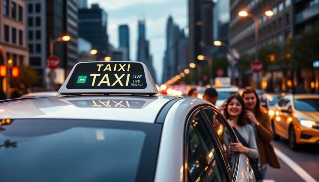 A busy city street at dusk, the warm glow of streetlamps and headlights creating a vibrant atmosphere. In the foreground, a modern, sleek taxi with a digital display on the roof, indicating its availability and live tracking capabilities. The middle ground features passengers eagerly hailing the taxi, their expressions conveying a sense of convenience and efficiency. In the background, a bustling cityscape with skyscrapers and traffic, emphasizing the taxi's role in navigating the urban landscape. The scene is illuminated by a soft, ambient lighting that enhances the sense of reliability and professionalism associated with the taxi service.