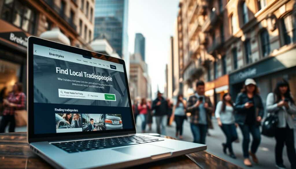 A busy city street, with a foreground featuring a laptop screen displaying a well-designed website interface for finding local tradespeople. The middle ground shows people walking by, some holding smartphones, reflecting the modern, digital nature of the service. In the background, a mix of commercial and residential buildings, conveying a sense of a thriving urban environment. Warm, natural lighting illuminates the scene, creating a welcoming and inviting atmosphere. The overall composition emphasizes the convenience and accessibility of the online platform for connecting homeowners with reliable, nearby tradesmen. A busy city street, with a foreground featuring a laptop screen displaying a well-designed website interface for finding local tradespeople. The middle ground shows people walking by, some holding smartphones, reflecting the modern, digital nature of the service. In the background, a mix of commercial and residential buildings, conveying a sense of a thriving urban environment. Warm, natural lighting illuminates the scene, creating a welcoming and inviting atmosphere. The overall composition emphasizes the convenience and accessibility of the online platform for connecting homeowners with reliable, nearby tradesmen.