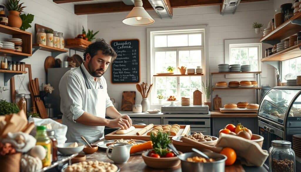 A charming, well-lit kitchen interior with a small business owner preparing wholesome, homemade dishes. The foreground features the owner kneading dough, surrounded by fresh produce, spices, and cooking utensils. In the middle ground, the kitchen is filled with natural light streaming through large windows, highlighting a cozy, inviting atmosphere. The background showcases a chalkboard menu, decorative jars, and shelves displaying an array of handcrafted baked goods and ready-to-serve meals. The overall mood evokes a sense of passion, craftsmanship, and the entrepreneurial spirit of turning a personal culinary passion into a thriving small food business.