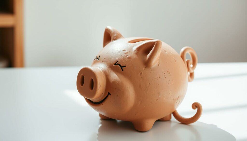 A cheerful, handmade ceramic piggy bank with a textured surface, featuring intricate sculpted details like cute facial features, perky ears, and a swirly tail. The piggy bank is placed on a clean, white tabletop, illuminated by soft, natural lighting that casts gentle shadows and highlights the clay's warm, earthy tones. The composition is simple yet inviting, encouraging the viewer to imagine the joyful process of creating such a unique, personalized savings container.