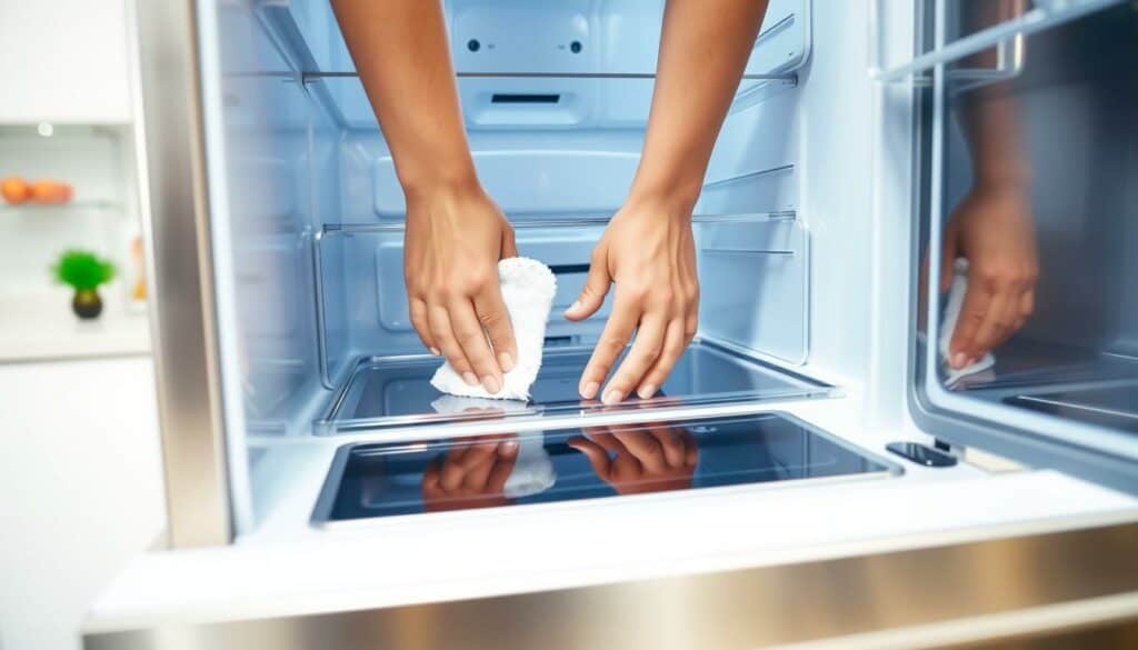 A clean, modern kitchen with a stainless steel refrigerator. In the foreground, the focus is on the refrigerator's interior, where a person's hands are carefully wiping down the rubber gaskets and cleaning the drainage channel with a soft cloth. Bright, even lighting illuminates the scene, highlighting the gleaming surfaces and attention to detail. The background is slightly blurred, suggesting a tidy, organized kitchen space. The overall mood is one of diligence and thorough, methodical cleaning, conveying the importance of maintaining the refrigerator's specialized components for optimal performance.