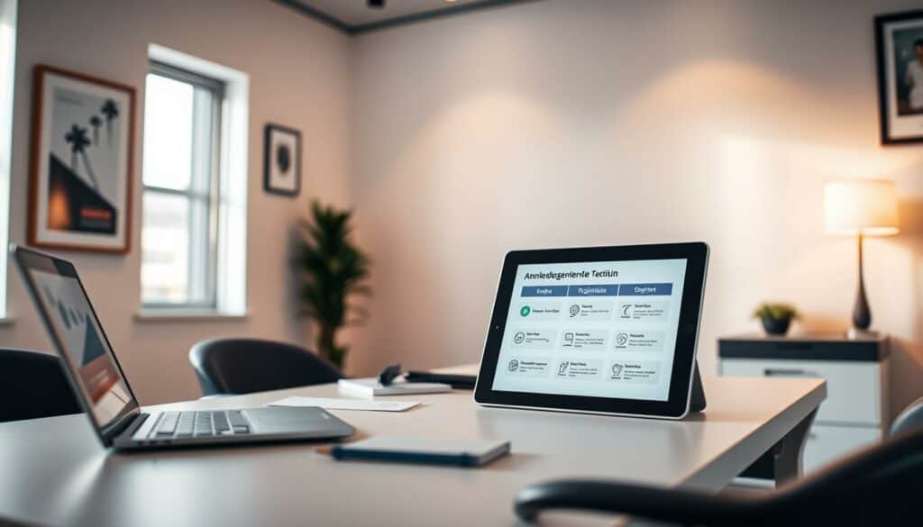 A clean, modern office interior with a well-organized desk. On the desk, a laptop, some office supplies, and a tablet displaying a step-by-step guide for "Anmeldung selbständige Tätigkeit". The walls are decorated with minimal, professional artwork. Warm, directional lighting illuminates the scene, casting subtle shadows. The overall atmosphere is one of focus, productivity, and a sense of guidance for the self-employment registration process.