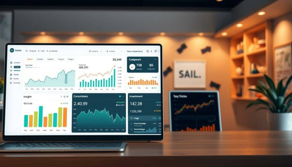 A clean, modern user interface showcasing the key financial tools and features of the Finanzen.net platform. In the foreground, a sleek dashboard displays interactive graphs, charts, and data visualizations, inviting the user to explore their personal finance insights. The middle ground features a selection of essential tools - a currency converter, stock ticker, and investment calculator - integrated seamlessly into the design. The background subtly suggests the platform's expansive ecosystem, with hints of news articles, market updates, and customizable settings. Warm lighting accentuates the intuitive layout, creating an approachable, trustworthy atmosphere for finance novices to navigate their path to financial independence.