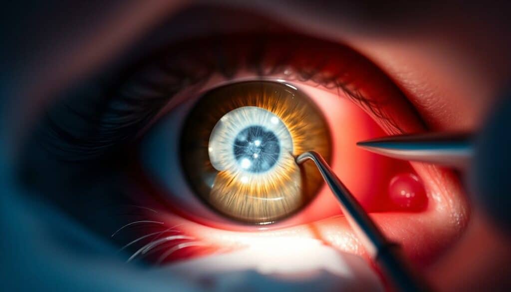 A close-up view of a human eye undergoing the Grauer Star (cataract) treatment procedure. The eye is illuminated by a focused beam of light, revealing the cloudy lens being carefully extracted by a skilled ophthalmologist's steady hands. The sterile surgical environment is visible in the blurred background, conveying a sense of medical precision and care. The lighting is soft and diffused, creating dramatic shadows that highlight the intricate details of the eye and the surgeon's delicate instruments. The overall mood is one of clinical professionalism and patient reassurance, reflecting the specialized nature of this ophthalmic treatment.