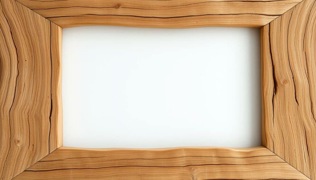 A close-up view of the backside of a driftwood picture frame, showcasing its natural, weathered texture. The frame is made from genuine driftwood, its surface adorned with intricate patterns and grooves carved by the relentless forces of wind and water. The warm, earthy tones of the wood create a rustic, organic aesthetic, complementing the frame's unique, one-of-a-kind character. The backside is presented in a clean, minimalist composition, with attention drawn to the frame's structural details and the raw beauty of the material. Soft, diffused lighting accentuates the frame's depth and shadows, highlighting its tactile, handcrafted appearance. This image captures the essence of the driftwood frame, showcasing its natural appeal and the story it holds within its weathered form.