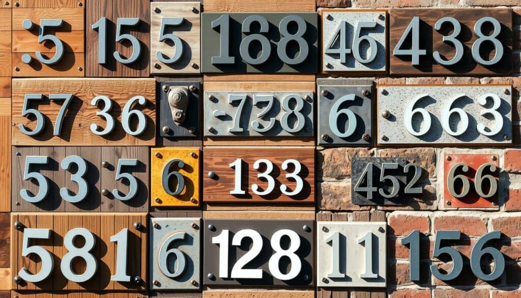 A collage of house numbers mounted on various surfaces, including wood, metal, and brick, showcased in natural lighting. The foreground displays a diverse array of house number designs, from modern minimalist to rustic vintage styles, arranged in a visually appealing layout. The middle ground features different types of mounting techniques, such as screws, adhesive, and decorative brackets, highlighting the versatility of installation options. The background captures the subtle textures and tones of the supporting surfaces, creating a cohesive and harmonious composition. The overall atmosphere conveys a sense of practical yet stylish home decor, suitable for the "Montage und Befestigung an verschiedenen Untergründen" section of the article. A collage of house numbers mounted on various surfaces, including wood, metal, and brick, showcased in natural lighting. The foreground displays a diverse array of house number designs, from modern minimalist to rustic vintage styles, arranged in a visually appealing layout. The middle ground features different types of mounting techniques, such as screws, adhesive, and decorative brackets, highlighting the versatility of installation options. The background captures the subtle textures and tones of the supporting surfaces, creating a cohesive and harmonious composition. The overall atmosphere conveys a sense of practical yet stylish home decor, suitable for the "Montage und Befestigung an verschiedenen Untergründen" section of the article.