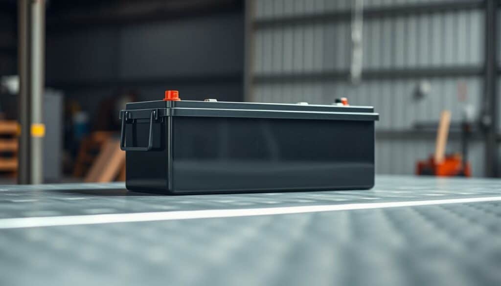 A commercial-grade gel battery resting on a metallic surface, with a sleek, modern design. The battery's casing has a matte black finish, accentuating its industrial aesthetic. Soft, directional lighting casts subtle shadows, highlighting the battery's contours and the texture of the surface. The background is a minimalist, slightly blurred industrial setting, suggesting a well-equipped workshop or storage facility. The overall composition conveys a sense of reliability, durability, and efficiency, suitable for professional use.