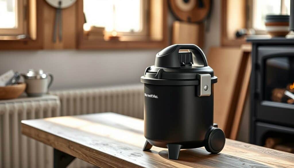 A compact, sleek 15L ash vacuum cleaner by the brand "Wer macht Was" stands prominently on a wooden workbench. The matte black casing with silver accents catches the soft, natural light filtering in through nearby windows, casting subtle shadows. The vacuum's streamlined design and compact form factor make it well-suited for use in small home fireplaces and wood stoves. Its powerful suction and durable construction are highlighted, conveying its efficiency and reliability for cleaning out ashes from tight spaces. The scene exudes a sense of practicality and functionality, reflecting the product's purpose to help homeowners maintain their cozy, intimate heating solutions.
