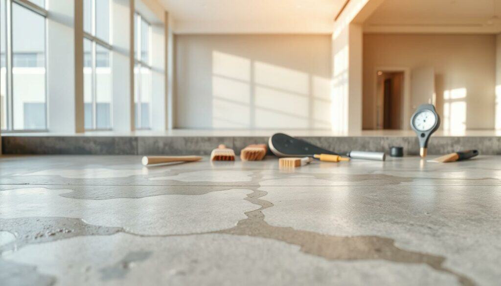 A concrete surface in a well-lit, modern setting. The foreground shows the gradual drying process, with wet and partially dried sections. The middle ground features a variety of tools and equipment used for concrete work, such as trowels, brushes, and a humidity meter. The background showcases an architectural environment, with clean lines and minimalist design elements. Soft, natural lighting illuminates the scene, creating a calm and professional atmosphere. The overall composition emphasizes the importance of proper drying times and techniques for achieving high-quality concrete finishes.