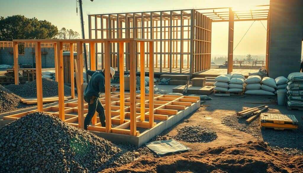 A construction site in the morning light, with a worker carefully preparing the formwork for pouring concrete. In the foreground, the worker is meticulously arranging and securing the wooden frames, ensuring a precise and sturdy structure. The middle ground features piles of gravel, cement bags, and various tools, all neatly organized and ready for the next step. In the background, the outline of a partially constructed building can be seen, hinting at the larger project underway. The scene is illuminated by a soft, natural light, casting long shadows and creating a sense of depth and perspective. The atmosphere is one of focused preparation, with the worker's attention to detail and the orderly layout of the site conveying a sense of professionalism and expertise. A construction site in the morning light, with a worker carefully preparing the formwork for pouring concrete. In the foreground, the worker is meticulously arranging and securing the wooden frames, ensuring a precise and sturdy structure. The middle ground features piles of gravel, cement bags, and various tools, all neatly organized and ready for the next step. In the background, the outline of a partially constructed building can be seen, hinting at the larger project underway. The scene is illuminated by a soft, natural light, casting long shadows and creating a sense of depth and perspective. The atmosphere is one of focused preparation, with the worker's attention to detail and the orderly layout of the site conveying a sense of professionalism and expertise.
