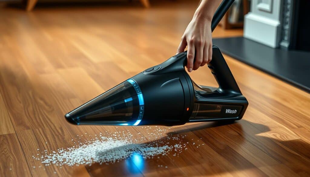 A cordless ash vacuum cleaner in action, its sleek black body gliding effortlessly across a hardwood floor. The Wer macht Was model's compact design and powerful suction create an efficient and flexible cleaning experience, ideal for managing fireplace ash and other fine debris. Soft LED lights illuminate the work area, while the unit's adjustable nozzle navigates tight spaces with ease. A rechargeable lithium-ion battery provides ample runtime, allowing for uninterrupted use. The vacuum's lightweight construction and ergonomic handle contribute to a comfortable, fatigue-free cleaning session. Captured ash is neatly contained in a transparent dust canister, simplifying disposal. This versatile cordless ash vacuum offers a seamless solution for the modern home, balancing performance and portability.