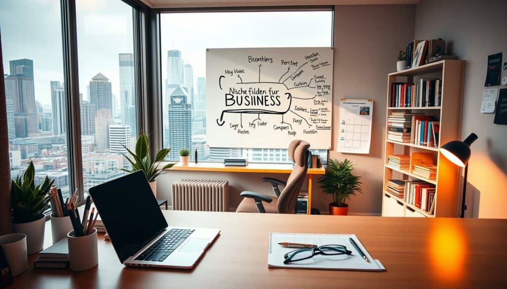 A cozy and well-organized home office, with a large window overlooking a bustling city skyline. The foreground features a modern, minimalist desk with a sleek laptop, a neatly arranged stationery collection, and a potted plant adding a touch of greenery. The middle ground showcases a comfortable, ergonomic office chair and a small bookshelf filled with business-related books and resources. In the background, a wall-mounted whiteboard displays a mind map with the words "Nische finden für Business" at the center, surrounded by various ideas and strategies. The lighting is warm and inviting, creating a productive and inspiring atmosphere. A pair of reading glasses rests on the desk, hinting at the thoughtful work being done. A cozy and well-organized home office, with a large window overlooking a bustling city skyline. The foreground features a modern, minimalist desk with a sleek laptop, a neatly arranged stationery collection, and a potted plant adding a touch of greenery. The middle ground showcases a comfortable, ergonomic office chair and a small bookshelf filled with business-related books and resources. In the background, a wall-mounted whiteboard displays a mind map with the words "Nische finden für Business" at the center, surrounded by various ideas and strategies. The lighting is warm and inviting, creating a productive and inspiring atmosphere. A pair of reading glasses rests on the desk, hinting at the thoughtful work being done.