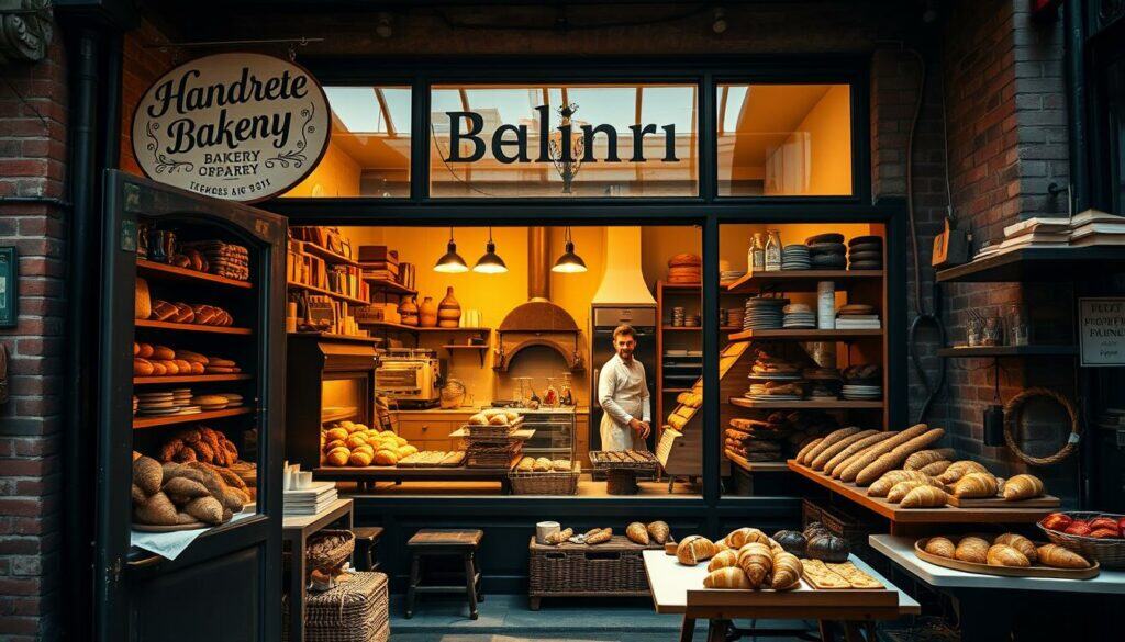 A cozy, artisanal bakery nestled in a charming Berlin neighborhood, its storefront adorned with intricate, hand-painted signage. Through the large windows, glimpse the warm glow of a wood-fired oven and the skilled bakers hard at work, crafting an array of freshly baked sourdough loaves, flaky croissants, and decadent pastries. The interior evokes a timeless, rustic ambiance, with exposed brick walls, antique furnishings, and a inviting, communal atmosphere. Sunlight filters in, creating a soft, natural illumination that highlights the rich textures and colors of the baked goods. The scene radiates a sense of tradition, artistry, and a deep appreciation for the craft of baking. A cozy, artisanal bakery nestled in a charming Berlin neighborhood, its storefront adorned with intricate, hand-painted signage. Through the large windows, glimpse the warm glow of a wood-fired oven and the skilled bakers hard at work, crafting an array of freshly baked sourdough loaves, flaky croissants, and decadent pastries. The interior evokes a timeless, rustic ambiance, with exposed brick walls, antique furnishings, and a inviting, communal atmosphere. Sunlight filters in, creating a soft, natural illumination that highlights the rich textures and colors of the baked goods. The scene radiates a sense of tradition, artistry, and a deep appreciation for the craft of baking.