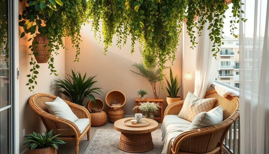 A cozy balcony oasis in the boho-chic style, with natural rattan furniture, plush textiles, and lush greenery cascading from overhead. Warm, diffused lighting creates a serene, inviting atmosphere, perfectly capturing the essence of "Boho-Chic für lässige Atmosphäre". The scene is captured in a realistic, high-resolution 4K photographic style, showcasing the intricate details and textures of the materials.