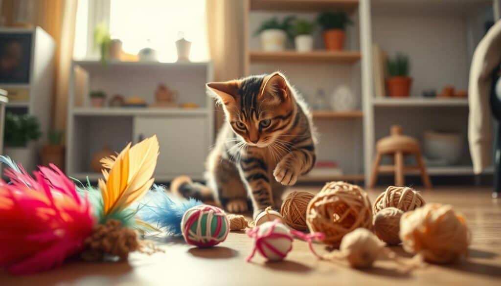 A cozy domestic scene, bathed in warm, soft lighting. In the foreground, an assortment of handcrafted cat toys - colorful feathers, crinkly paper, and playful yarn balls. In the middle ground, a curious feline inspects the homemade treats, its paws delicately reaching out. The background features a tidy, minimalist living space, with simple shelves and potted plants, conveying a sense of tranquility and safety. The overall atmosphere is one of comfort and care, emphasizing the importance of responsible, pet-friendly craftsmanship.