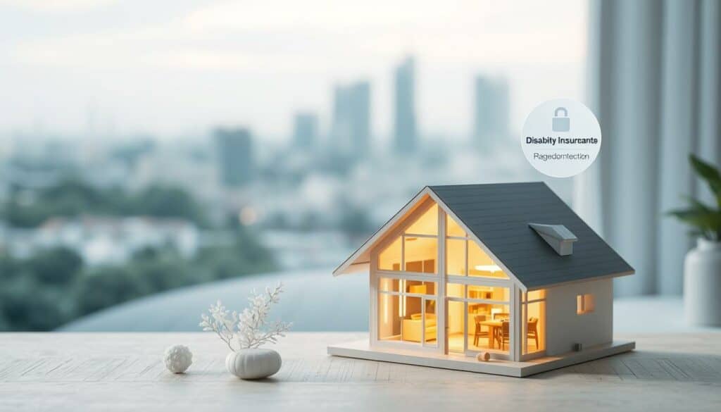 A cozy domestic scene depicting essential insurance coverage. In the foreground, a detailed model of a modern home, its warm interiors visible through large windows. Surrounding it, representations of a disability insurance policy and household contents protection, rendered in intricate 3D. The middle ground features a serene, minimalist landscape with a soft, diffused lighting that subtly illuminates the scene. In the background, a blurred cityscape suggests the broader context of urban living. The overall composition conveys a sense of security, comfort, and comprehensive protection tailored for different life stages. A cozy domestic scene depicting essential insurance coverage. In the foreground, a detailed model of a modern home, its warm interiors visible through large windows. Surrounding it, representations of a disability insurance policy and household contents protection, rendered in intricate 3D. The middle ground features a serene, minimalist landscape with a soft, diffused lighting that subtly illuminates the scene. In the background, a blurred cityscape suggests the broader context of urban living. The overall composition conveys a sense of security, comfort, and comprehensive protection tailored for different life stages.