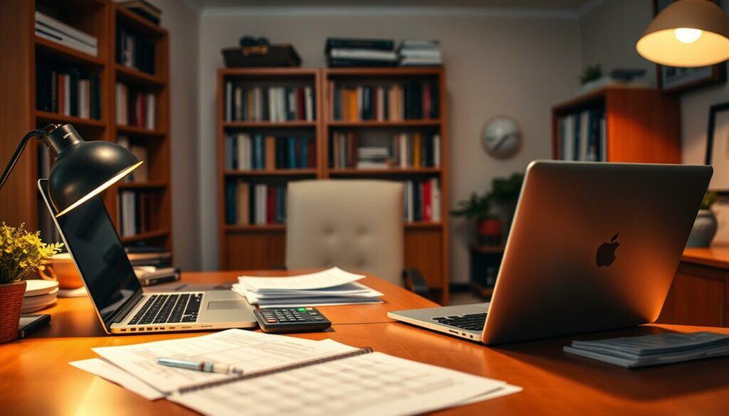 A cozy home office with a neatly organized desk, featuring a laptop, calculator, and a stack of financial documents. Warm lighting casts a soft glow, creating a focused and productive atmosphere. In the background, bookshelves line the walls, hinting at the owner's expertise in accounting and small business management. The overall scene conveys a sense of diligence, attention to detail, and a dedication to managing the financial aspects of a thriving small enterprise.