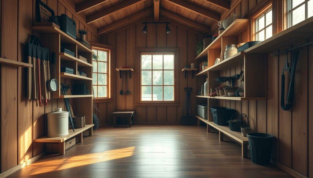 A cozy interior of a wooden garden house, showcasing a well-designed storage solution. The scene features a series of sturdy wooden shelves lining the walls, providing ample space for storing gardening tools, supplies, and personal items. The shelves are complemented by a warm, inviting atmosphere created by natural lighting filtering through the windows, casting a soft glow throughout the space. The flooring is a sleek, polished wooden surface, adding to the overall aesthetic and creating a cohesive, harmonious environment. The image should convey a sense of organization, functionality, and a touch of rustic charm, perfectly capturing the essence of the "Innenausbau: Bodenbelag und Regale" section of the article. Realistic, high-resolution, 4K photographic quality.