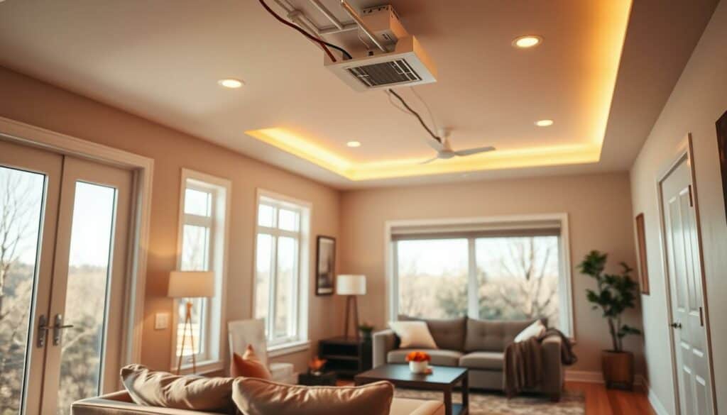 A cozy living room with a modern, well-designed electrical installation. The room is bathed in warm, natural lighting from large windows, creating a inviting and relaxing atmosphere. The electrical outlets, switches, and fixtures are seamlessly integrated into the room's decor, with clean, minimalist lines that complement the contemporary furniture and decor. Subtle recessed lighting illuminates the space, casting a soft glow and accentuating the room's architectural details. The electrical panel is discreetly tucked away, maintaining the clean, uncluttered aesthetic. Overall, the image conveys a sense of comfort, functionality, and attention to detail in the electrical design of this welcoming living space.