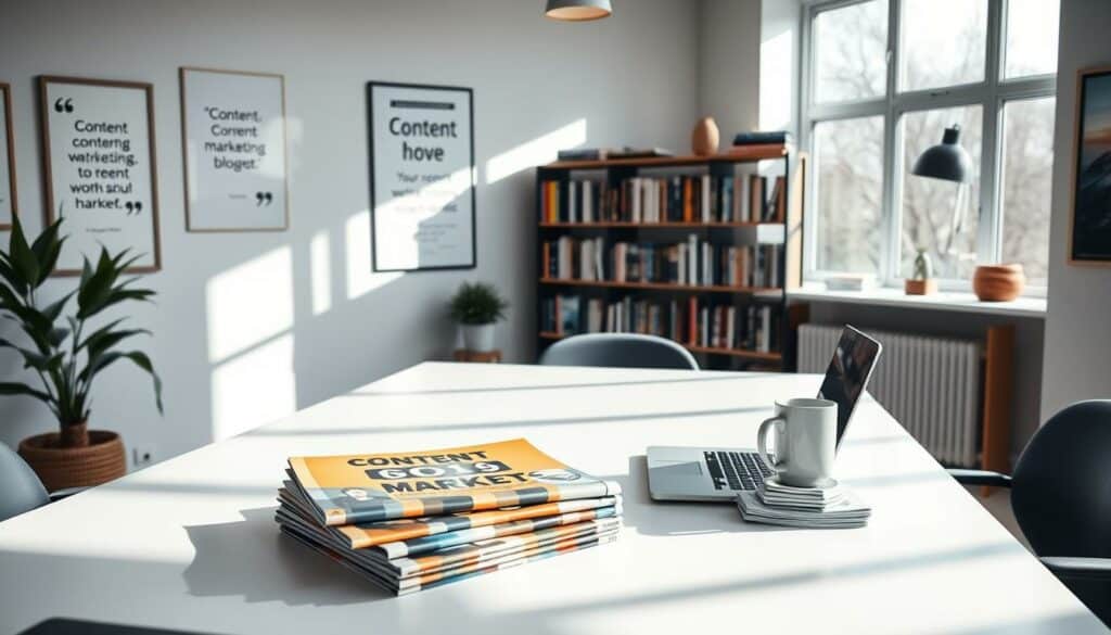A cozy, modern office setting with a large, well-lit desk taking center stage. On the desk, a laptop, a mug of coffee, and a stack of colorful, glossy magazines depicting various content marketing blog topics. The walls are adorned with inspirational quotes and minimalist artwork, creating a professional yet inviting atmosphere. Natural light streams in through large windows, casting a warm glow over the scene. In the background, a bookshelf filled with relevant industry publications stands as a testament to the importance of content marketing expertise. The overall composition conveys the idea of a thriving, well-organized content marketing blog, reflecting the subject's significance in today's digital landscape.