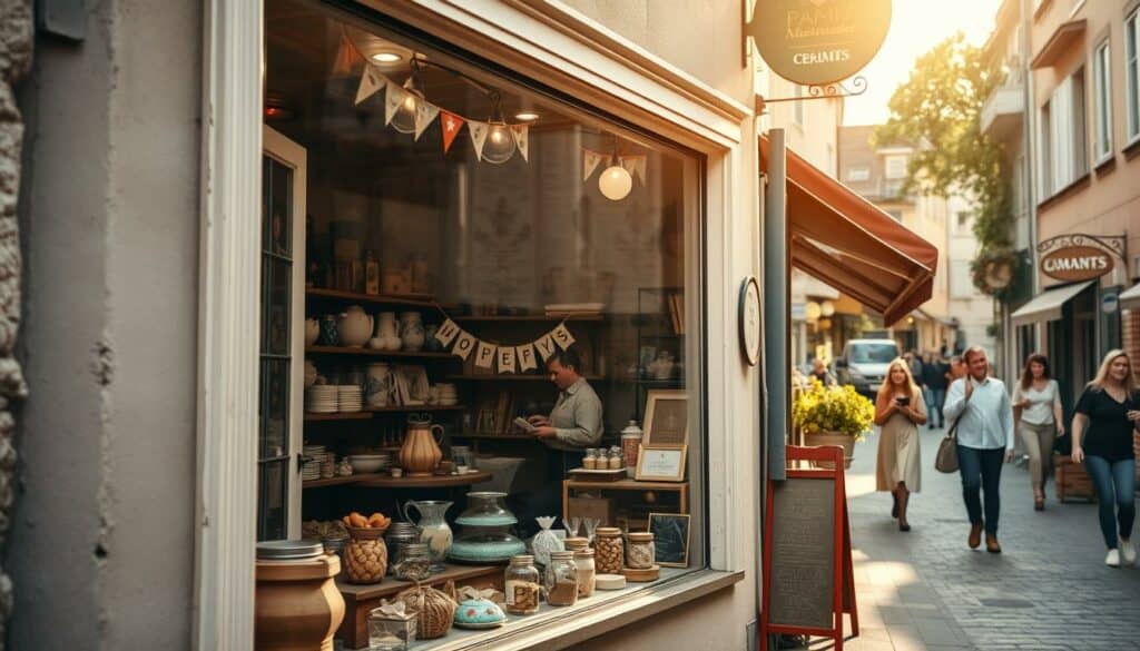 A cozy neighborhood storefront, with a small business owner tending to their shop. The front window displays an array of homemade crafts, artisanal products, and local specialties, reflecting the owner's dedication and the community's vibrant spirit. Warm light filters in, casting a golden glow on the scene. In the background, a quaint street bustles with passersby, hinting at the lively atmosphere of this small-scale enterprise. The composition captures the essence of "Kleingewerbe und Nebentätigkeiten" - the charming, hardworking spirit of local, independent businesses that contribute to the fabric of their community.