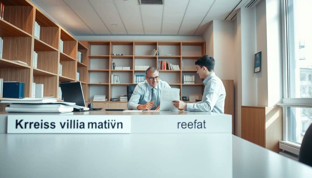 A cozy office interior, the desk adorned with a nameplate reading "Kreisverwaltungsreferat". A professional-looking person, dressed in a crisp button-down shirt and slacks, is seated at the desk, gesturing warmly as they discuss paperwork with a client. The walls are lined with neat bookshelves, conveying a sense of order and efficiency. Soft, diffused lighting filters in through a large window, casting a calm, reassuring glow over the scene. The atmosphere is one of professionalism and helpful bureaucracy, reflecting the process of scheduling an appointment for a business registration. A cozy office interior, the desk adorned with a nameplate reading "Kreisverwaltungsreferat". A professional-looking person, dressed in a crisp button-down shirt and slacks, is seated at the desk, gesturing warmly as they discuss paperwork with a client. The walls are lined with neat bookshelves, conveying a sense of order and efficiency. Soft, diffused lighting filters in through a large window, casting a calm, reassuring glow over the scene. The atmosphere is one of professionalism and helpful bureaucracy, reflecting the process of scheduling an appointment for a business registration.